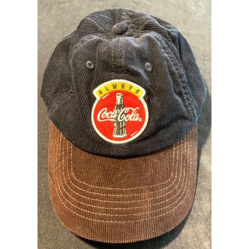 VTG Lucky Brand Coca Cola Corduroy Baseball Cap Black Brown Strapback Dad Hat